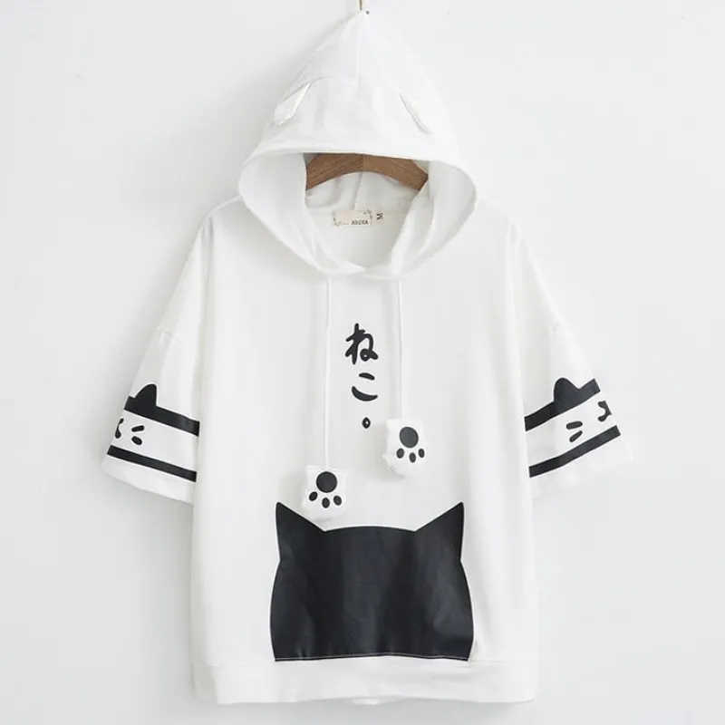 Kawaii Therapy Clothing<Japanese Neko Cat Short Sleeve Hoodie