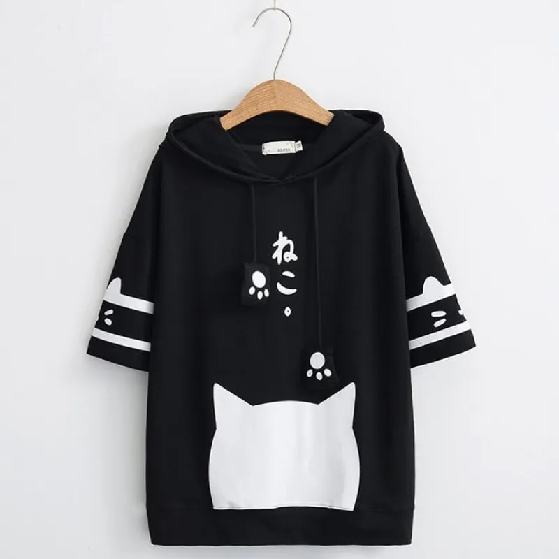 Kawaii Therapy Clothing<Japanese Neko Cat Short Sleeve Hoodie