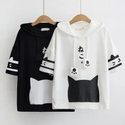 Kawaii Therapy Clothing<Japanese Neko Cat Short Sleeve Hoodie