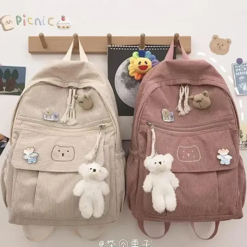 Kawaii Therapy Preppy Backpacks | College Backpacks<Kawaii Cat Soft Zipper Corduroy Backpack – Limited Edition