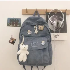 Kawaii Therapy Preppy Backpacks | College Backpacks<Kawaii Cat Soft Zipper Corduroy Backpack – Limited Edition
