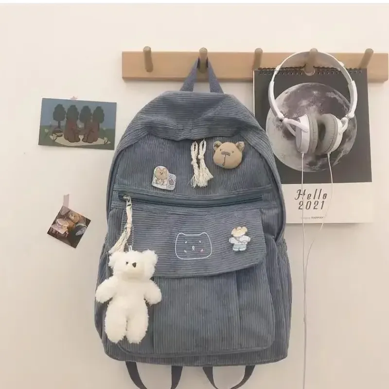 Kawaii Therapy Preppy Backpacks | College Backpacks<Kawaii Cat Soft Zipper Corduroy Backpack – Limited Edition