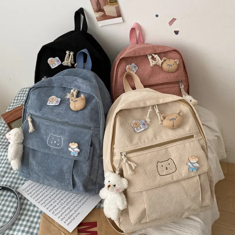 Kawaii Therapy Preppy Backpacks | College Backpacks<Kawaii Cat Soft Zipper Corduroy Backpack – Limited Edition