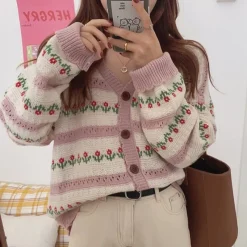 Kawaii Therapy Clothing<Kawaii Harajuku Style Floral Knitted Cardigan – Limited Edition