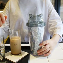 Kawaii Therapy Bottles<Kawaii Sequined Double Wall Cat Ears Bottle