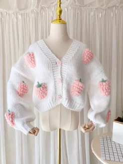 Kawaii Therapy Clothing<Kawaii Strawberry Knitted Cardigan Sweater – Limited Edition