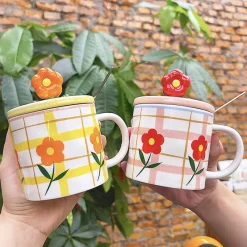 Kawaii Therapy Bottles<Flower Pastel Grid Ceramic Cup (350ml)
