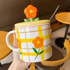 Kawaii Therapy Bottles<Flower Pastel Grid Ceramic Cup (350ml)